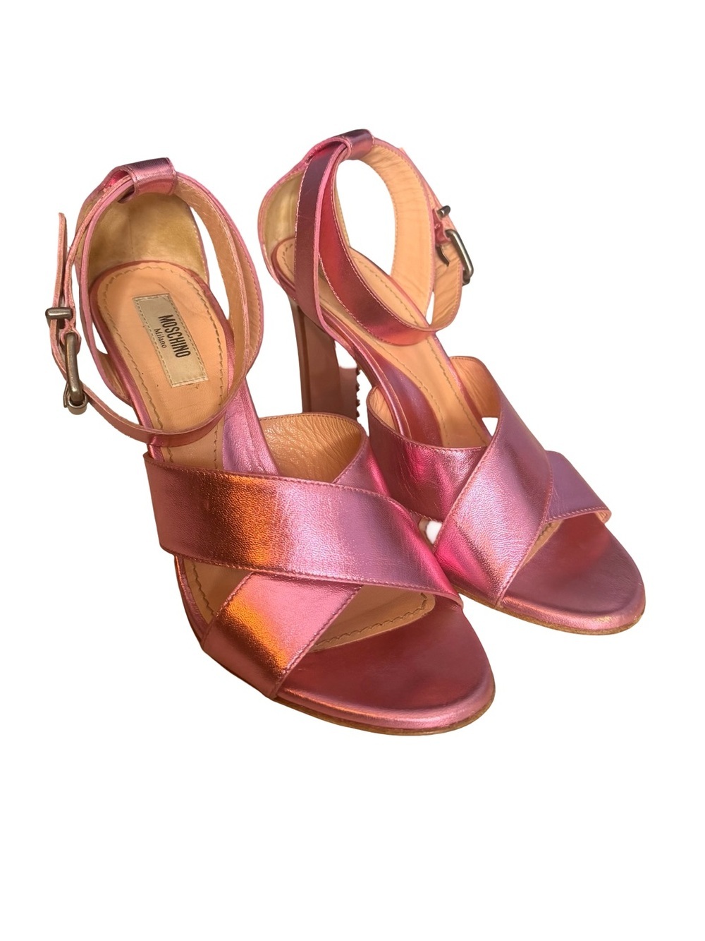 Moschino Milano Iridescent Pink metallic logo Block crisscross Heel Sandals 5.5